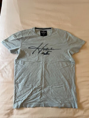 Ljusgrå Hollister t-shirt - Snygg ljusgrå t-shirt från Hollister med svart logga och fågeltryck på bröstet. Klassisk passform med rund hals och korta ärmar. Perfekt till jeans eller shorts för en avslappnad look.