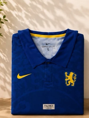 Blå Chelsea fotbollströja  - Har en S också om du vill ha. Snygg blå Chelsea fotbollströja från Nike med gul logga och lejonmärke på bröstet. Tröjan har krage, gula detaljer och är tillverkad i ett lätt, ventilerande Dri-FIT material som passar perfekt till träning eller match.