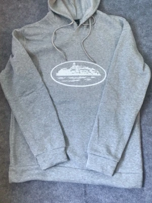 Grå hoodie med vit tryck - Snygg grå hoodie med huva och dragsnören. På bröstet finns ett vitt tryck med motiv av en byggnad i oval ram. Hoodien har långa ärmar och ribbade muddar. Perfekt för en avslappnad och stilren look.
