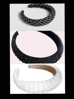 3-pack breda diadem med pärlor och glitter - Säljer ett 3-pack breda diadem i svart och vitt. Ett svart diadem med vita glittriga rutor, ett svart diadem täckt av svarta pärlor och ett vitt diadem dekorerat med vita pärlor och glitter. Alla har en vadderad form som ger volym och trendig look.