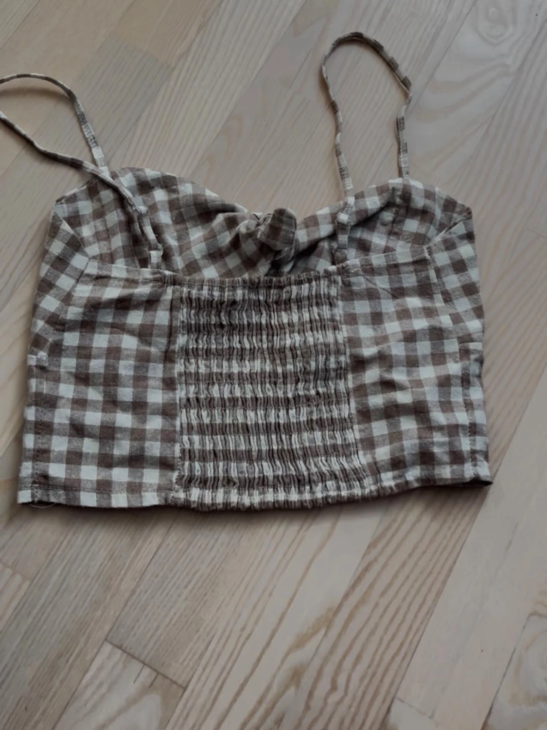 Beige och vit rutig linnetopp - 1