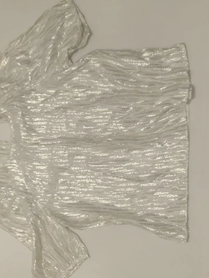 Glittrig topp från Holly & Whyte - Supersnygg glittrig topp från Holly & Whyte by Lindex i vitt med silvriga ränder. Toppen har korta ärmar och en rak passform, perfekt för att sticka ut lite extra. Materialet är lätt och skimrande, vilket ger en cool look.