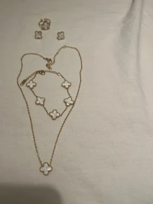 Guldpläterat smyckeset med vita blommor - Säljer ett elegant smyckeset med halsband, armband, ring och örhängen i guldplätering. Alla delar har vita fyrklöverformade hängen med pärlliknande kant. Perfekt för dig som gillar stilrena och trendiga accessoarer.