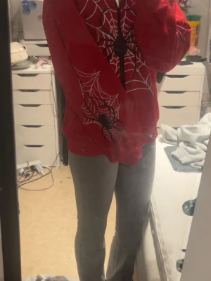 Röd hoodie med spindelnätsmönster - Cool röd hoodie med vita spindelnätsmönster och svart spindel på framsidan. Hoodien har huva och ribbade muddar vid ärmslut och nederkant. Perfekt för dig som gillar unika och grafiska tryck. Materialet känns mjukt och bekvämt.