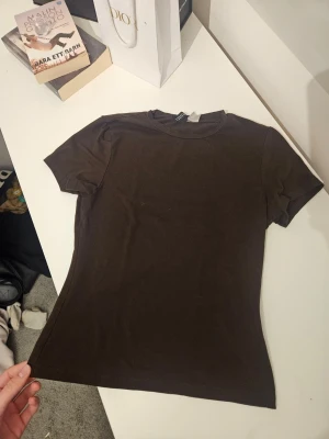 Figurnära t-shirt - Brun t-shirt från h&m i storlek S. Sitter jättebra men har blivit lite liten. Lagom mycket använd men i bra skick. Tvättas såklart innan jag skickar den.
