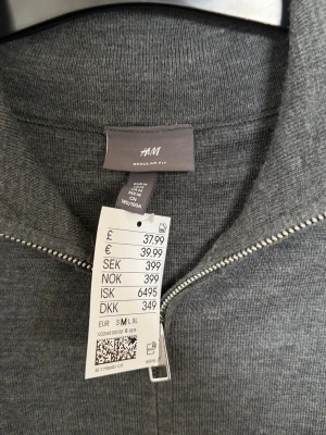 Grå ziptröja från H&M - Snygg grå ziptröja från H&M med regular fit. Tröjan har hel dragkedja framtill, hög krage och långa ärmar. Perfekt att slänga på sig över en t-shirt för en clean och enkel look. Materialet är mjukt och bekvämt.