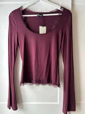 Vinröd topp med spetsdetaljer - Vinröd långärmad topp från Gina tricot med rundad urringning och spetsdetaljer vid halsringning och nederkant. Modellen är figurnära och har en croppad passform💕