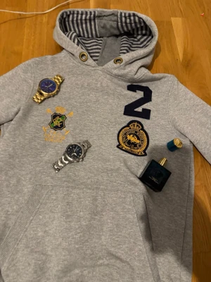Grå hoodie Ralph Laurenhoodie - Snygg grå hoodie från Ralph Lauren med broderade märken och siffran 2 på bröstet. Hoodien har en randig insida i huvan och praktisk känguruficka framtill. Guldiga öljetter vid huvan ger extra stilpoäng. Perfekt för en avslappnad men trendig look.