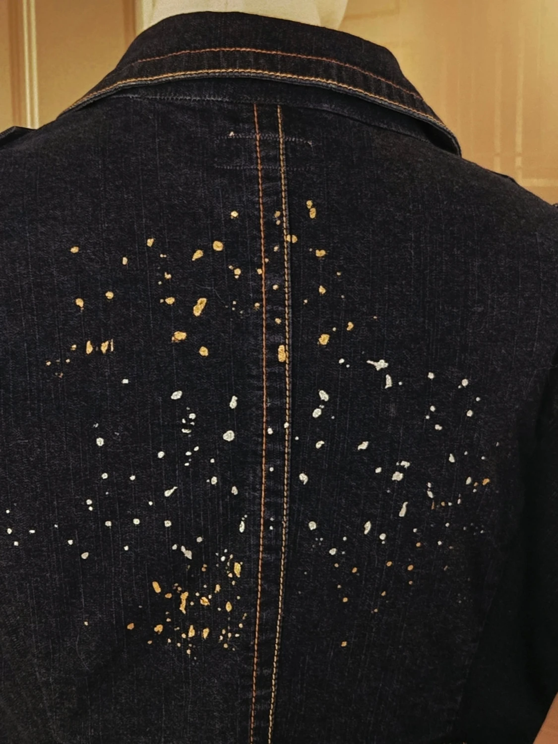 Baby Phat ÄKTA-Jeans Jacket-Y2K Gold Metallic Paint Splattered Stl XL, liten stl  - 3