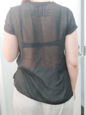 Svart topp med transparent rygg - Svart transparent topp med korta ärmar. Tunn och luftig, perfekt för sommaren. Diskret broderad text "Z1975" på ryggen. Enkel och stilren design som passar till många outfits. Kolla gärna mina andra annonser <3.