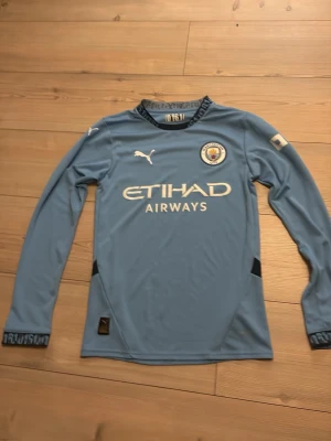 Manchester City långärmad matchtröja - Ljusblå långärmad Manchester City matchtröja från Puma med klubbmärke och Etihad Airways-tryck på bröstet. Tillverkad i ett lätt och funktionellt material, perfekt för fotbollsträning eller match. Svarta detaljer vid krage och ärmslut.