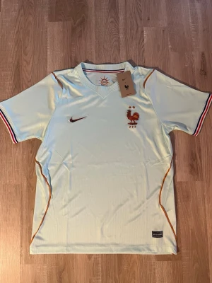 Frankrike VM-2026 Bortaställ fotbollströja - Snygg ljusgrön fotbollströja med Frankrikes landslagsemblem och två stjärnor på bröstet. Tröjan har guldiga detaljer på ärmsluten och tunna orange linjer längs sidorna. Perfekt för match eller träning. HELT NY