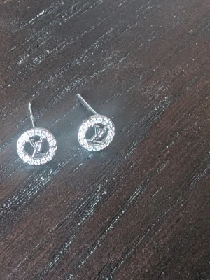 Glittriga Lv örhängen - Säljer ett par runda örhängen i silverfärg med gnistrande stenar runt en öppen cirkel och LV-logga i mitten. Perfekta för dig som vill ha en lyxig och trendig accessoar som sticker ut.