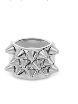 Silvrig ring med spetsiga nitar - Säljer en bred ring i blankt silverfärgat metallmaterial med flera spetsiga nitar runt hela ringen. Designen är chunky och ger en cool, edgy vibe som verkligen sticker ut. Perfekt för dig som gillar att addera attityd till din stil.