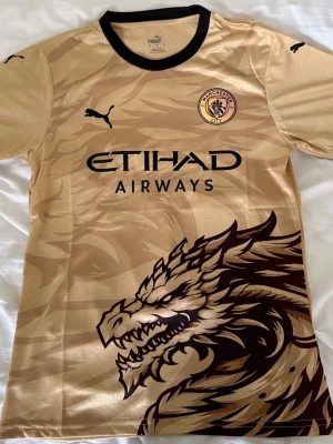 Manchester City x Puma guld tröja - Unik Manchester City matchtröja i guld med svart drakmotiv på framsidan. Tröjan har svarta detaljer vid krage och ärmslut, samt klubbmärke och Puma-loggor. Tillverkad i lätt och ventilerande polyester, perfekt för träning eller match.