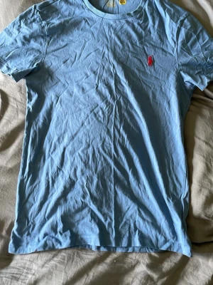 Ljusblå t-shirt från Ralph Lauren - Snygg ljusblå t-shirt från Ralph Lauren med klassisk röd broderad logga på bröstet. T-shirten har rund halsringning och är tillverkad i mjuk bomull. Perfekt för en avslappnad och stilren look.