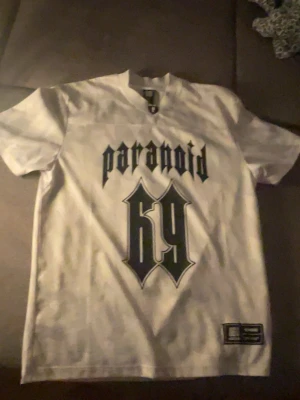 Vit Paranoid T-Shirt - Vit t-shirt från Paranoid med svart tryck både fram och bak. Stora siffran 69 i gotisk stil och texten 'paranoid' på bröstet och ryggen. Klassisk passform och rund halsringning, perfekt för en edgy streetwear-look. Är Snygg, har inte använt så många gånger! Bra kvalité också.