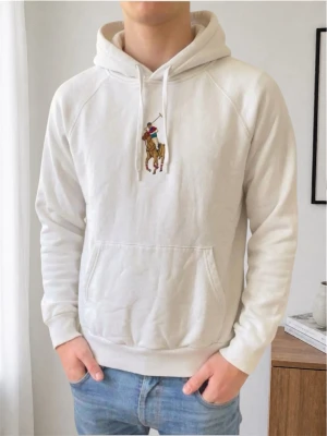 Ralph Lauren Bear Hoodie - Säljer en sjukt fet och unik hoodie från Ralph Bear Lauren. Hoodien är i bra skick förutom fläcken på bild 6  som bör gå bort i tvätten och har en unik björn som rider på hästen!! Den sitter i strl S och hör gärna av er vid frågor eller funderingar!!