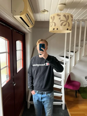 Svart Champion sweatshirt - Säljer en svart sweatshirt från Champion med klassiskt logotryck i vitt och rött på bröstet. Helt ny
