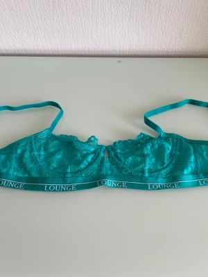 Turkos spets-bh från Lounge - Säljer en turkos balconette-bh från Lounge med spetsdetaljer och justerbara axelband. Bh:n har elastiskt band med Lounge-logga och är tillverkad i 90% polyamid och 10% spandex. Perfekt för dig som gillar snygga och bekväma underkläder.