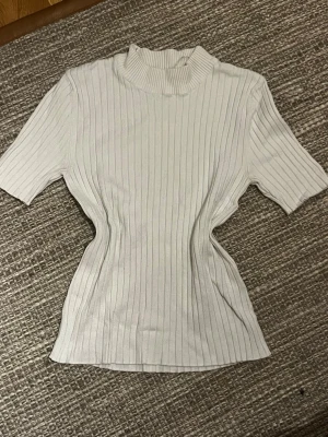 Vit ribbad polotopp från Gina Tricot - Säljer en vit ribbad polotopp från Gina Tricot i storlek XS. Toppen har korta ärmar, hög krage och är tillverkad i ett mjukt, stretchigt material som sitter snyggt och figurnära. Perfekt att styla med jeans eller kjol för en clean look.
