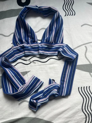 Randig blå och lila linnetopp Shein - Säljer en randig linnetopp från Shein i blått, lila och vitt. Toppen har breda knytband och trekantsformade kupor, perfekt för sommaren. Materialet är mjukt och stretchigt med ribbad struktur. Supersnygg till både jeans och kjol!