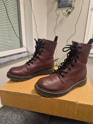 Vinröda snörade stövletter från Dinsko 36 - Säljer ett par vinröda stövletter med klassisk snörning och robust sula. Skorna är tillverkade i läder och har svarta skosnören samt en dragflik baktill. Perfekta för dig som gillar en edgy och stilren look.