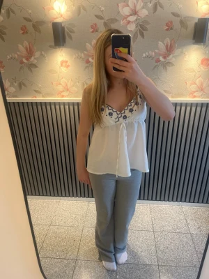 Vit broderad linnetopp med spets - Säljer en söt vit linnetopp med tunna axelband och blå broderade blommor vid urringningen. Toppen har en lätt v-ringad form, spetsdetaljer och är luftig med en flowy passform. Perfekt för varma dagar och enkel att styla till jeans eller kjol.