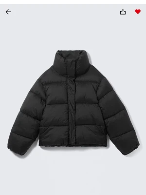 Svart pufferjacka med hög krage - Säljer en svart pufferjacka med boxig passform och hög krage. Jackan har breda, vadderade paneler och dold dragkedja framtill. Perfekt för kalla dagar och ger en trendig look. Materialet är troligtvis polyester med syntetfyllning.