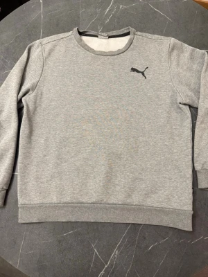 Grå sweatshirt från Puma - Klassisk grå sweatshirt från Puma med rund halsringning och svart Puma-logga på bröstet. Tröjan har ribbade muddar vid ärmslut och nederkant. Tillverkad i mjukt sweatshirtmaterial som är perfekt för en avslappnad stil.