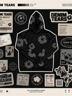 Denim tear hoodie - Säljer en svart hoodie från Denim Tears med unika gråa kransmönster över hela tröjan. Hoodien är tillverkad i 100% bomull och har en klassisk huva samt magficka. Perfekt för dig som vill sticka ut med en stilren och trendig look.