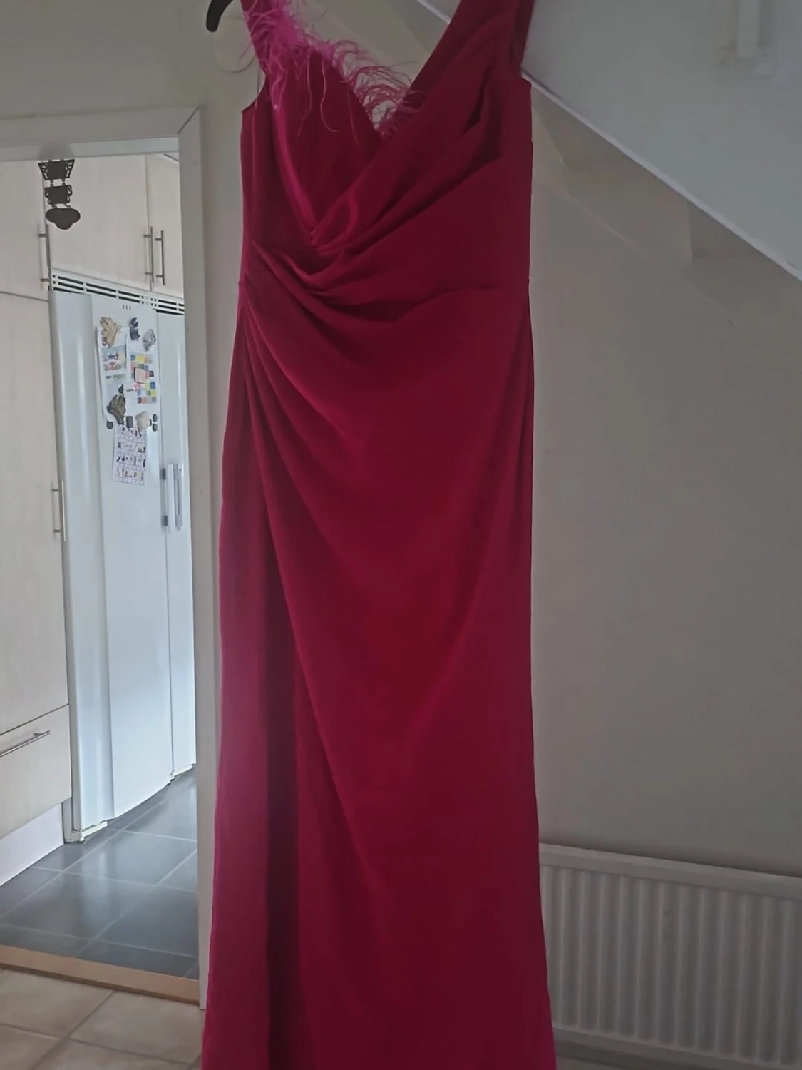 Lång rosa klänning med fjädrar