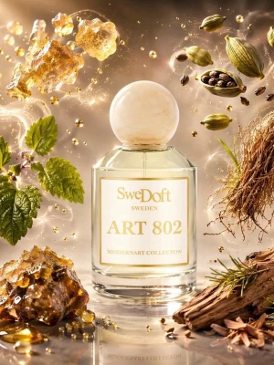 SweDoft ART 802 Eau de Parfum 100ml - Lyxig parfym från SweDoft, ART 802 Modernart Collection. Flaskan är genomskinlig med gulddetaljer och rund, pärlemorskimrande kork. Doften har inslag av kryddor, örter och trä, perfekt för dig som gillar unika och eleganta parfymer. Kan även gå ner i pris den är oöppnad.