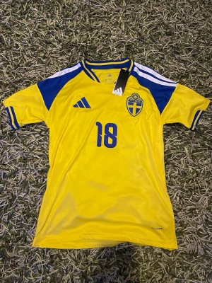 Sverige VM 2026 matchtröja  - Säljer en officiell Sverige matchtröja i gult och blått med nummer 18 och namnet Ayari på ryggen. Tröjan har korta ärmar, broderad landslagssköld och Adidas-logga samt klassiska ränder på axlarna. Tillverkad i lätt och ventilerande material.
