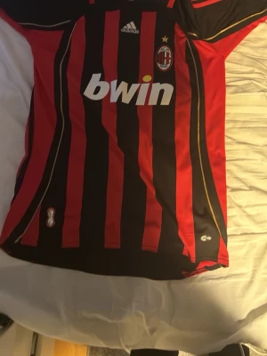 AC Milan matchtröja Adidas röd/svart - Säljer en klassisk AC Milan matchtröja från Adidas med röda och svarta vertikala ränder, klubbmärke och Bwin-logga på bröstet. Tröjan har korta ärmar, gulddetaljer och är tillverkad i lätt och ventilerande material, perfekt för fotbollsträning eller support.