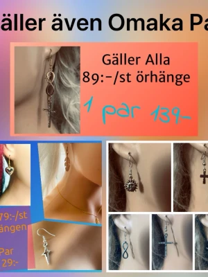 By prisförslag- 1 par örhängen mix - 1 par Omaka örhängen välj bland många sorter. silvriga örhängen med olika hängen som kors, sol, fjäder, hjärta och infinity-symbol. Perfekta för dig som gillar att mixa och matcha. Säljs som omaka eller Maka par. Snygga detaljer och trendig design.