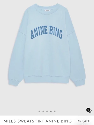 Ljusblå collegetröja från Anine Bing - En oversized ljusblå sweatshirt från Anine Bing med stor, fluffig logga framtill i blått. Tröjan har rund halsringning, långa ärmar och ribbade muddar vid ärmslut och nederkant. Helt ny med prislapp kvar. Nypris 2450kr.💕