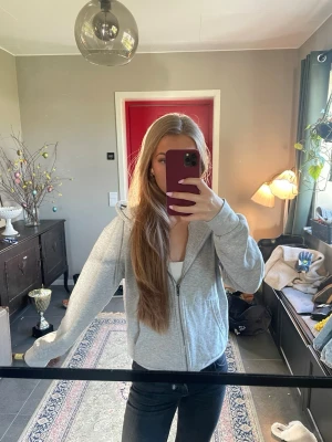 Ljusgrå zip hoodie med huva - En enkel och stilren ljusgrå hoodie med dragkedja och huva. Hoodien har långa ärmar, ribbade muddar och fickor framtill. Perfekt för en avslappnad look och lätt att matcha med olika outfits. Skriv om ni har frågor💕