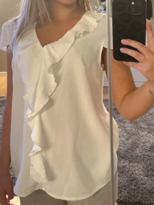Vit blus med volang - Snygg vit blus från Shein med korta ärmar och volangdetalj längs v-ringningen och framtill. 🤍 Blusen har en luftig passform och är tillverkad i ett lätt material som känns bekvämt mot huden! Perfekt för en fräsch och stilren look. ☀️