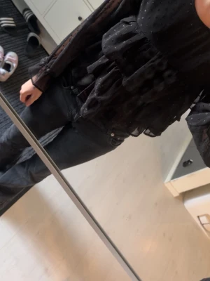 Svart transparent blus med volanger - Säljer en svart blus med volanger och diskreta prickar. Blusen har långärmade ärmar och är gjord i ett lätt, luftig material som ger en snygg och trendig look. Perfekt att styla med jeans eller kjol.