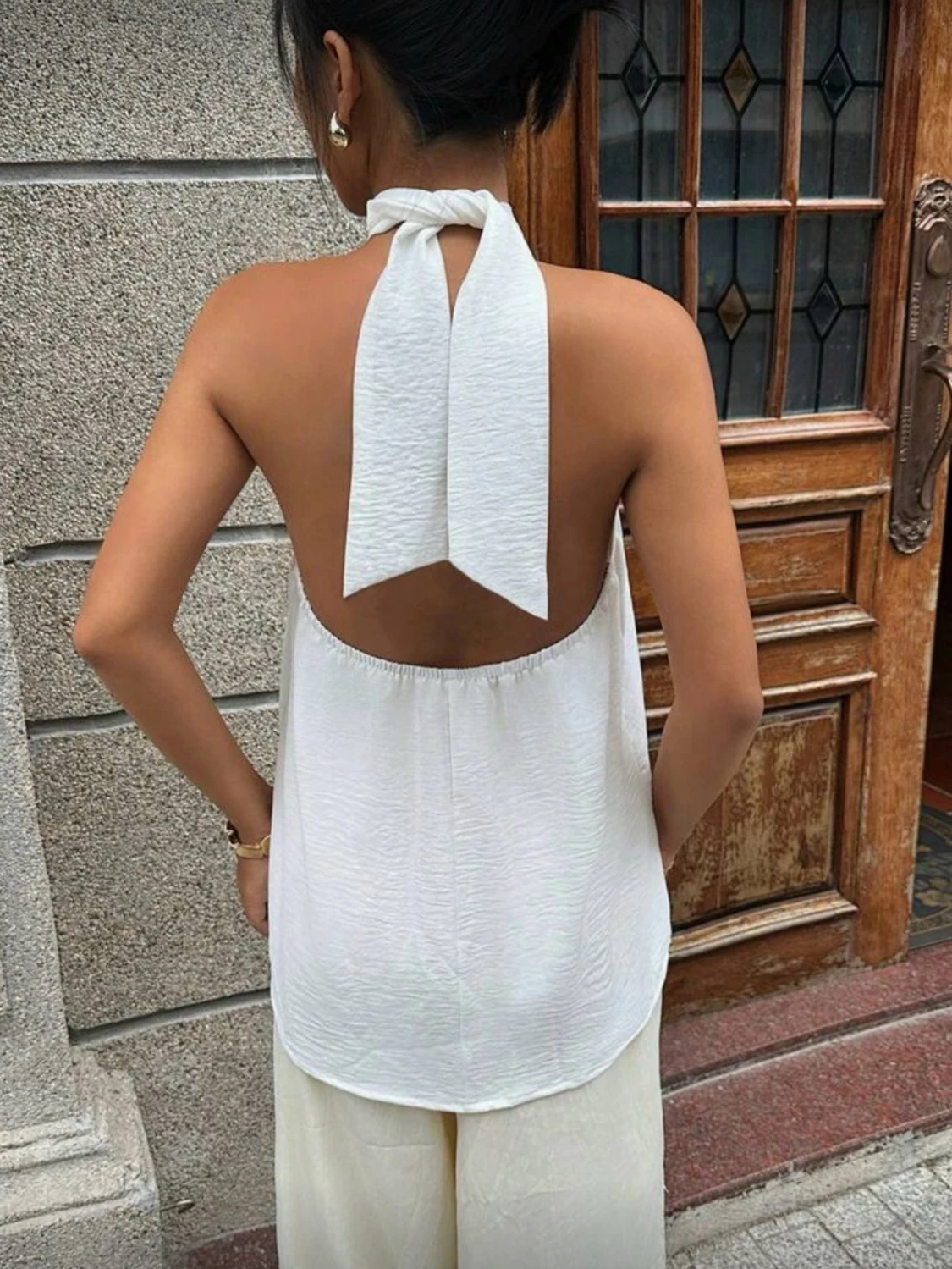 Vit halterneck linnetopp med knyt - 1
