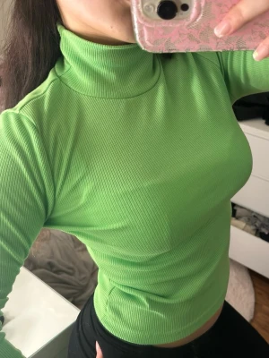Limegrön ribbad polotopp - Säljer en limegrön ribbad polotopp med lång ärm och croppad passform. Toppen har en tight siluett och är tillverkad i ett stretchigt material som sitter snyggt på kroppen. Perfekt för dig som vill sticka ut med färg!