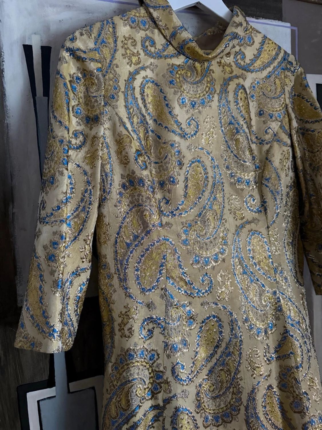 Guld paisleymönstrad långklänning vintage festklänning  - 2