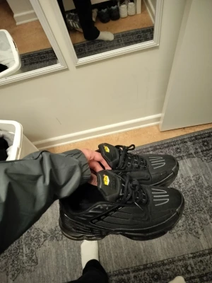 Svarta Nike Air Max Plus sneakers - Säljer ett par svarta Nike Air Max Plus sneakers med klassisk TN-logga på plösen. Skorna har en sportig design med svarta detaljer och mönstrade linjer på ovandelen. Tillverkade i syntetmaterial och mesh för bra andningsförmåga. Snygga och bekväma sneakers för dig som gillar streetwear.