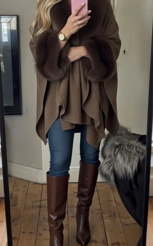 Brun poncho / kofta med fuskpälsdetaljer - Säljer en brun poncho med stora, fluffiga fuskpälsdetaljer vid krage och ärmslut. Perfekt för dig som vill ha en lyxig och trendig look under vinter och vår.