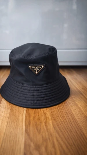 Sv decades bucket hat från Prada - Snygg svart bucket hat från Prada med klassisk triangulär logga framtill i metall och svart bakgrund. Hatten har en enkel och stilren design med rundad form och bred, nedåtlutande brätte. Perfekt accessoar för en trendig streetwear-look.