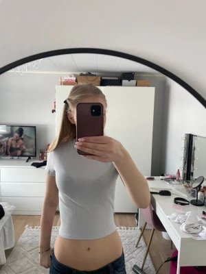 Ljusgrå croppad ribbad topp Gina Tricot - Säljer en ljusgrå croppad topp från Gina Tricot. Toppen är ribbad med korta ärmar och har en rund halsringning. Perfekt för dig som gillar en enkel och stilren look. Passar snyggt till jeans eller kjol.