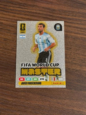 Panini FIFA World Cup Master kort - Samlarbild från Panini FIFA World Cup Adrenalyn-serien, Master-kort med glittereffekt. Kortet har officiella FIFA-loggor och detaljer om spelarens stats på framsidan. Pris kan diskuteras.