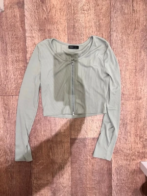 Ljusgrön croppad zip-top  - Trendig ljusgrön croppad topp från Shein med långa ärmar och dragkedja framtill. Toppen är ribbad och har en tight passform, perfekt att styla med höga jeans eller kjol.