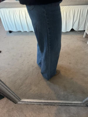 Blå raka lee jeans med hög midja - Säljer ett par blå lee jeans med vid rak passform och hög midja. Jeansen har klassisk femficksdesign och är tillverkade i denim. Perfekta för en avslappnad och trendig look.